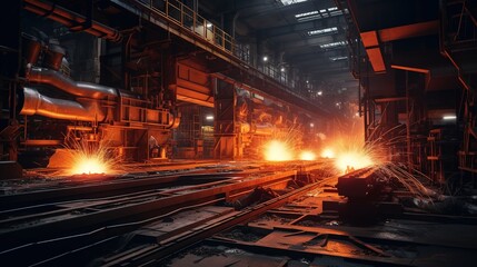 Poster - Walks Through Heavy Industry Manufacturing Factory with Various Metalworking Processes with generative ai