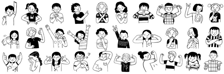 cute character doodle illustration of children's emotion expression with hand sign and symbols. outl