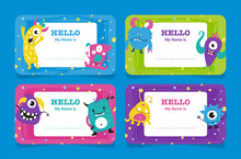 Name Tag For Kids With Funny Aliens Monster Character And Place For Text Set Vector Illustration