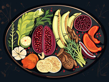 An Illustration Of A Rosh Hashanah Seder Plate With Dates, Beans, Leeks, Beets, Gourd, And Pomegranate On A Dark Background | Generative AI