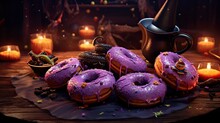 Spooky And Delicious Halloween Donuts In Assorted Flavors. Concept Of Festive October Treats.