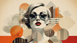 Woman wearing sunglasses with abstract city in the background, digital art, a mid-century modern collage, model face with red lips, vintage shapes, retro 50s style. Horizontal poster for fashion ads