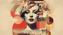 Modernist Collage Of A 1950s Woman's Face In Black And White With Abstract Shapes And Cropped Photos On Background, Digital Art For Horizontal Cinematic Poster, Retro Vintage Art, Big Red Lips. Ai  