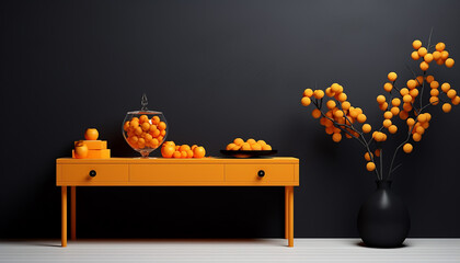 Black wall with table and orange decoration, Autumn, Halloween, minimalism, 3d illustration, created with ai generative technology