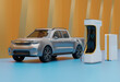 Silver Electric Pickup Truck connect to the charing station. Generic design. 3D rendering illustration.