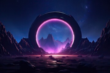 Wall Mural - Abstract portal stone gate with neon glowing light in the dark space landscape of cosmic, rocky mountain stone field, spectrum light effect, with Generative Ai.