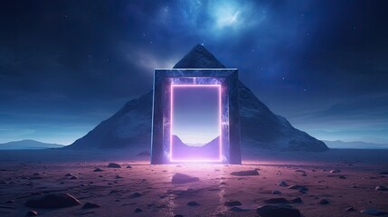 Wall Mural - Abstract portal stone gate with neon glowing light in the dark space landscape of cosmic, rocky mountain stone field, spectrum light effect, with Generative Ai.