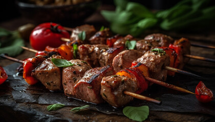 Poster - Grilled meat skewers with vegetables, a gourmet summer meal outdoors generated by AI