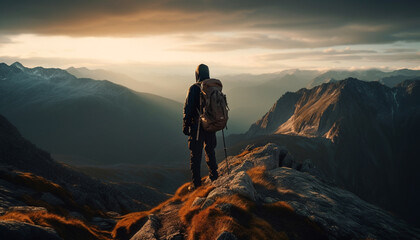 Canvas Print - One person standing on mountain peak, backpacker achieves hiking success generated by AI