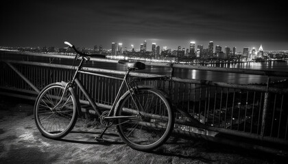 Canvas Print - Cycling through the black and white cityscape at dusk generated by AI