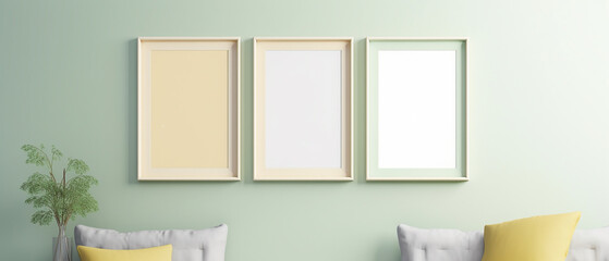 Three blank vertical light pastel panels, mockup of empty framed posters. Ai 3d artwork template, minimal interior design, light green wall, minimalist stylish gallery with copy space 