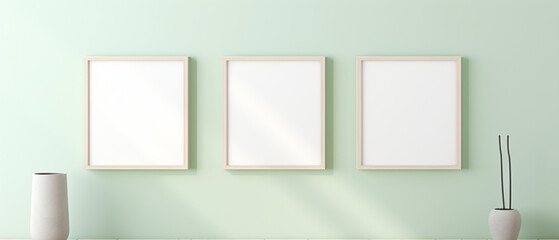 Three blank square panels, mockup of empty framed posters. Ai 3d artwork template, minimal interior design, a light green wall, minimalist stylish gallery with copy space and vases