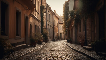 Wall Mural - Medieval gothic architecture illuminates old town at dusk, no people generated by AI