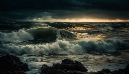 Poster - Dramatic sky over dark coastline, waves crash in awe inspiring beauty generated by AI