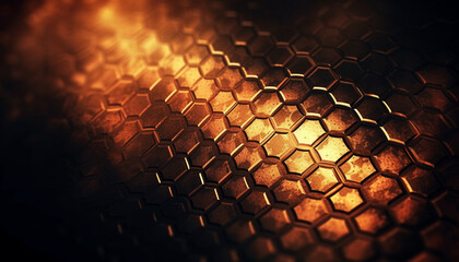 Poster - Glowing honeycomb backdrop with metallic hexagon shapes in vibrant yellow generated by AI