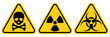 Set hazard danger yellow vector signs. Radiation sign, Biohazard sign, Toxic sign.	