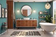 Interior of modern bathroom with green walls, wooden floor, comfortable bathtub and double sink with mirror