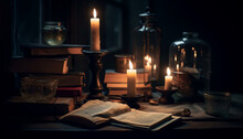Old Bookshelf Illuminated By Candlelight, Reading Ancient Religious Text Generated By AI