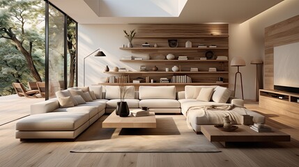 Wall Mural - Interior of modern living room with bookshelf, sofa and plant