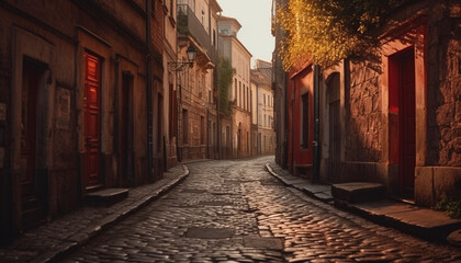 Wall Mural - Old architecture illuminated by lanterns on narrow cobblestone streets at dusk generated by AI