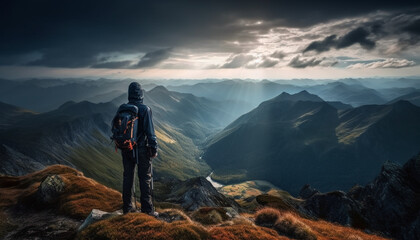 Poster - One person hiking mountain peak, backpack standing, admiring nature beauty generated by AI