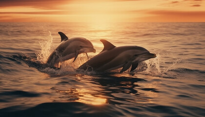 Sticker - Playful dolphins jumping in the sunset, splashing in blue water generated by AI