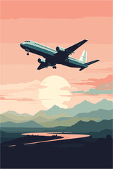 vector vacation retro style poster with airplane flying over river and mountains at sunset or sunris