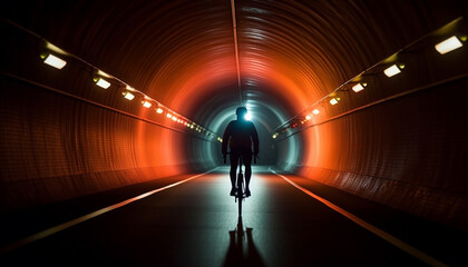 Poster - Silhouette of a commuter walking through a futuristic subway tunnel generated by AI