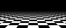 Black And White Checkered Tile Floor Fading In Perspective. Abstract Checkerboard Texture Landscape. Vanishing Horizontal Chessboard Plane Surface. Dark Empty Room Background. Vector Illustration