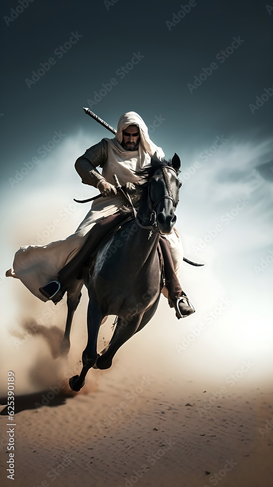 Arabian knight warrior riding his elegant horse and charging the enemy ...