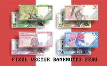 Vector Pixel Mosaic Set Of Banknotes Of Peru. Bills Of 10, 20, 50 And 100 Peruvian Sols. Flyers Or Play Money.