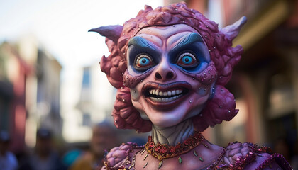 Poster - Smiling women in traditional clothing wear masks at cultural festival generated by AI