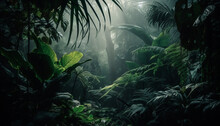 Enchanting Tropical Rainforest Landscape, Mysterious Animals Hiding In The Dark Generated By AI