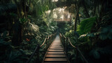 Fototapeta Las - Walking on a footpath through a tropical rainforest at sunset generated by AI