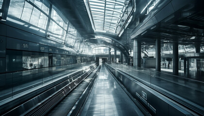 Poster - Futuristic transportation corridor with steel escalator and blurred motion generated by AI