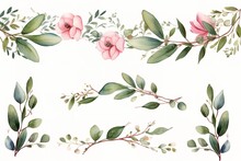 Set Of Watercolor Floral Frame Border With Pink Rose
