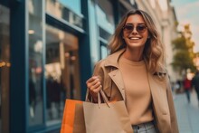 Happy Young Woman With Shopping Bags Enjoying In Shopping