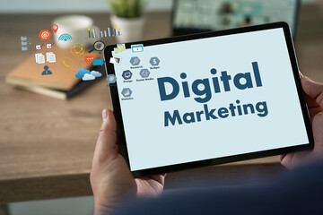 Poster - Digital Marketing Network Datum Businessman team hands at work with financial reports and a laptop cyberspace global marketing success analysis Business technology: Digital transformation concept