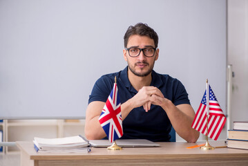 Wall Mural - Male English language teacher in front of white board