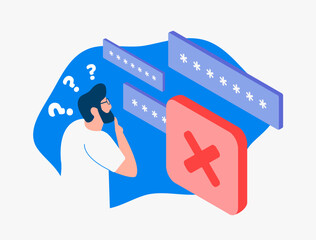 Poster - Password Error - Man forgets password or security key, login denied. Cybersecurity, IT industry, account protection concept. Illustration of confused businessman, login page with wrong password