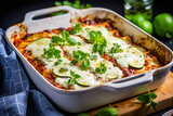 Fototapeta  - Baked zucchini bolognese lasagna in a baking dish. Generative AI