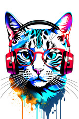 Wall Mural - dj cat with headphones and sunglasses t-shirts design Created with generative AI tools