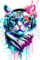 Wall Mural - dj cat with headphones and sunglasses t-shirts design Created with generative AI tools