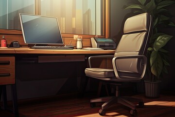Poster - a modern computer is placed on a table, next to which there is a comfortable office chair.