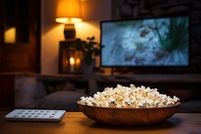 In The Cozy Evening Atmosphere At Home, There Is A Wooden Bowl Filled With Popcorn And A Remote Control Placed In The Background. The TV Is Functioning Properly, Providing The Perfect Setting For