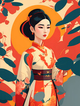 Girl In Kimono Japanese Posterize Style Color, Generative Ai