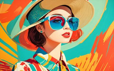 portrait of a girl with sunglasses vintage color posterize pattern backgrounds, generative ai