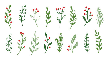 Aufkleber - Christmas plant leaf, flower set. Hand drawn doodle sketch holly floral, christmas tree leaves, winter branch elements. Holiday decoration, rustic wreath sketch doodle. Vector illustration.