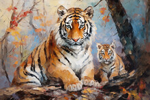 Beautiful Painting Of A Family Of Tigers Resting Under The Trees In The Forest. Wildlife Animals. Illustration, Generative AI.