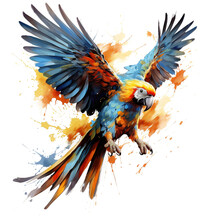 Image Of Colorful Flying Parrot Painting On White Background. Bird. Wildlife Animals. Illustration, Generative AI.